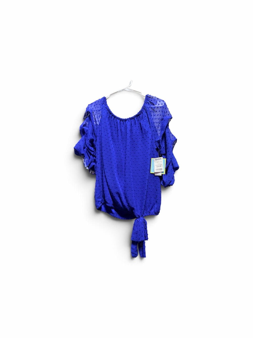 Blue Tie-Hem Cold-Shoulder Blouse -